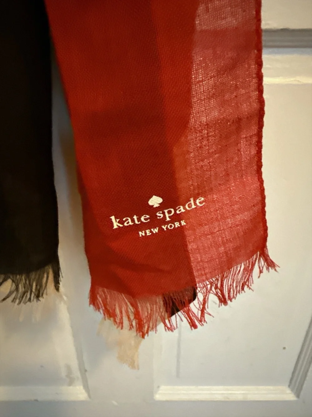 Kate Spade New York Tricolor Colorblock Scarf Wrap Red Black Cream Fringe